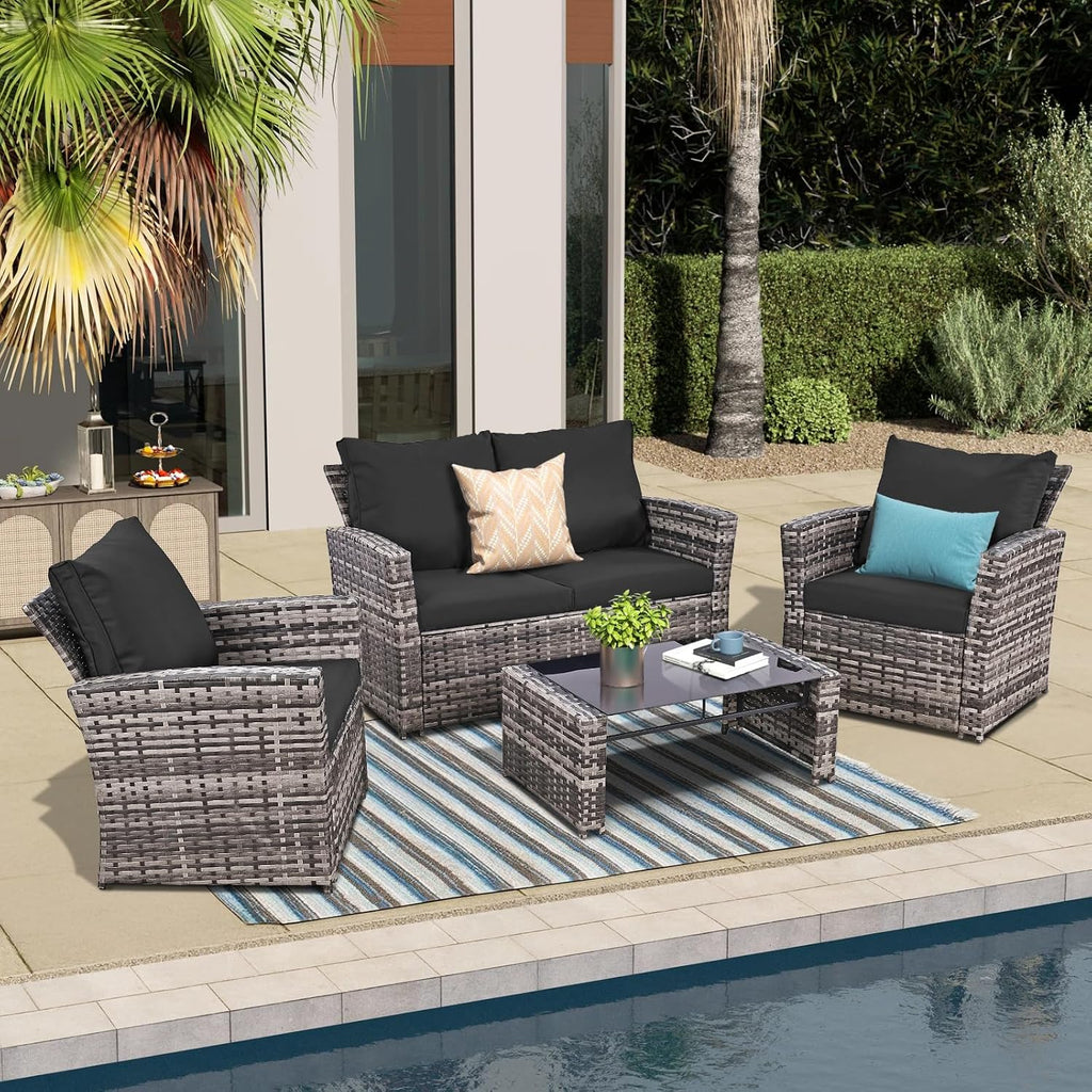FHFO 4 Piece Patio Furniture Set, Wicker Outdoor Conversation Furniture Set, All Weather Patio Sofa Couch with Cushion & Glass Table, Grey/Black