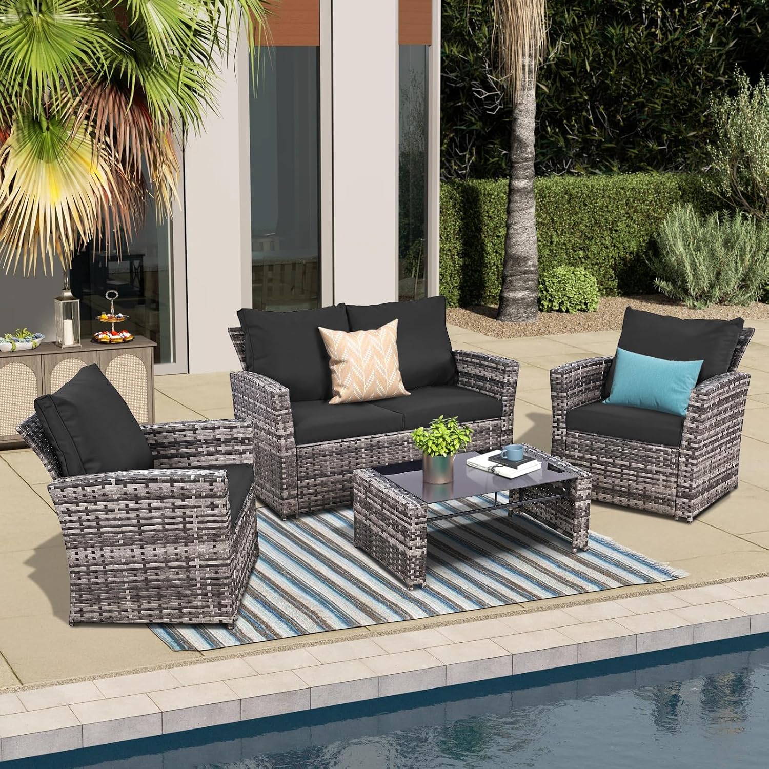 FHFO 4 Piece Patio Furniture Set, Wicker Outdoor Conversation Furniture Set, All Weather Patio Sofa Couch with Cushion & Glass Table, Grey/Black
