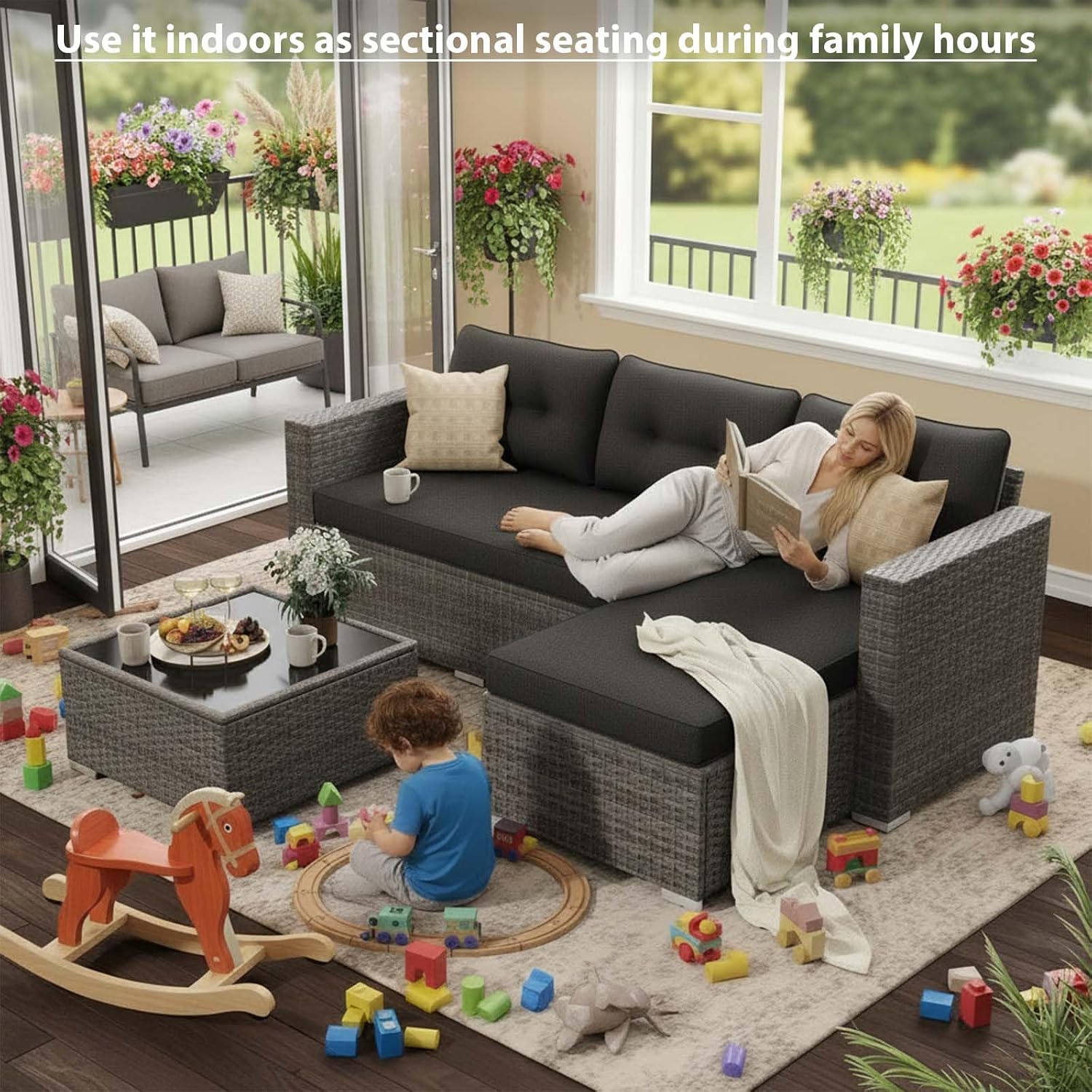 JOIVI Outdoor Patio Furniture Sets, 3-Piece All Weather Wicker Outdoor Conversation Set, Rattan Sectional Sofa Set, Patio Couch with Tempered Glass Table for Porch, Garden, Dark Gray