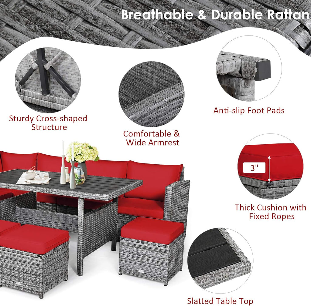 Tangkula 7 Pieces Patio Furniture Set, Outdoor Sectional Rattan Sofa Set with Cushions, All Weather Wicker Conversation Couch Set w/Dining Table & Ottomans for Backyard Garden Poolside