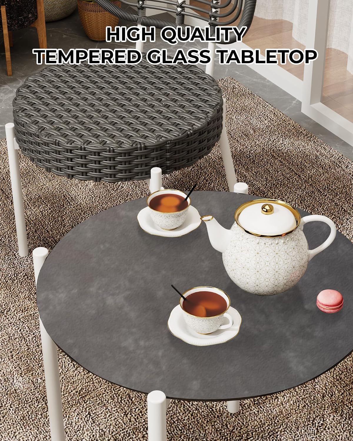 GarveeLife 3 Piece Wicker Patio Bistro Furniture Set, Outdoor Dining Chairs, Includes 2 Rattan Chairs and Tempered Glass Table, for Garden, Backyard, Balcony, Apartment, White & Grey