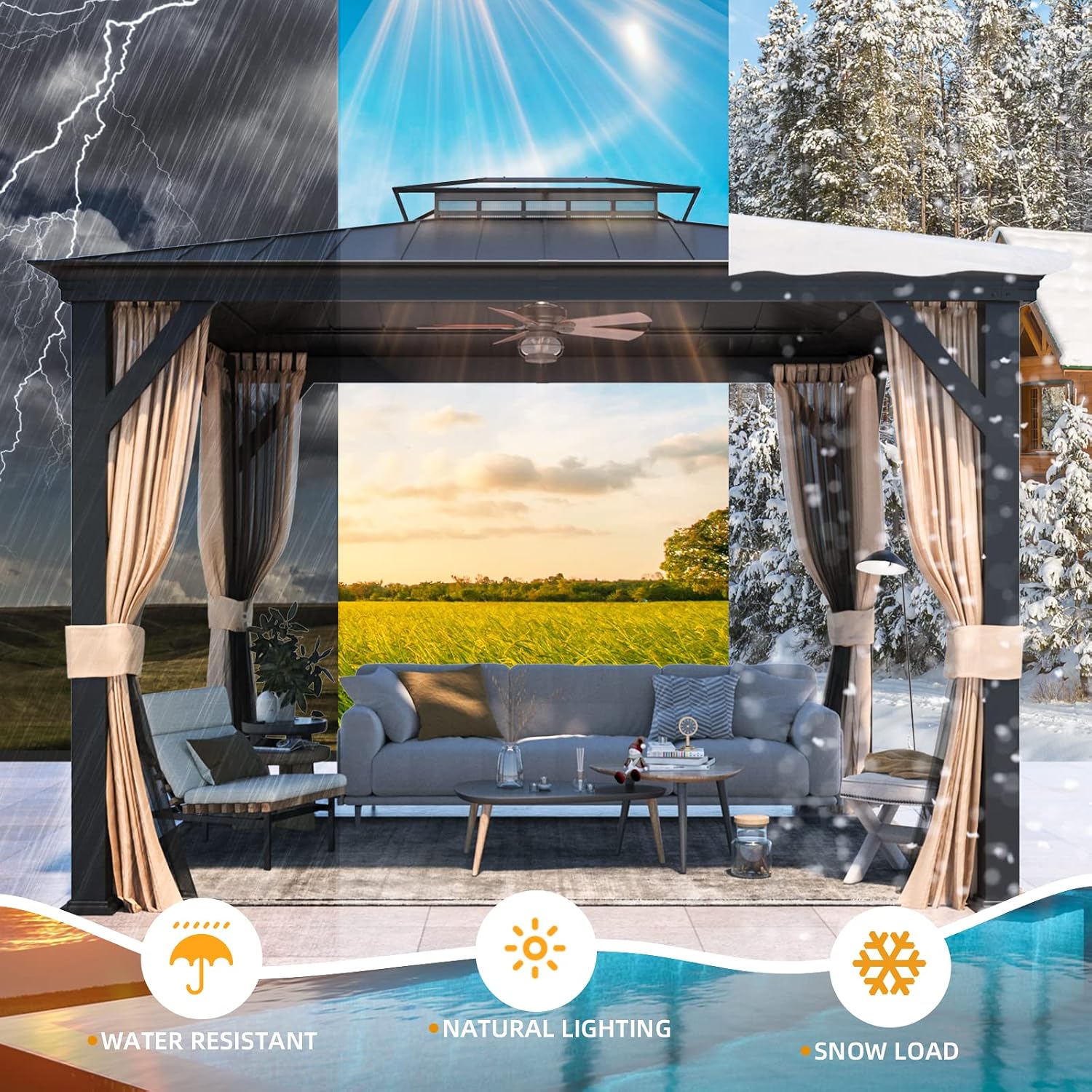 EROMMY 10'X12' Gazebo with Galvanized Steel and Acrylic Roof, Thickened Aluminum Frame Included, Outdoor Permanent Pavilion Gazebos with Curtains and Nettings for Patio, Backyard, Deck