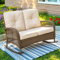 MEETWARM Double Rocking Chair, Oversized Outdoor Rocking Chair for 2 Person, Large Wide Wicker Patio Loveseat with Thick Cushion, All-Weather Rattan Comfy Loveseat Rocker for Patio Porch Deck, Brown