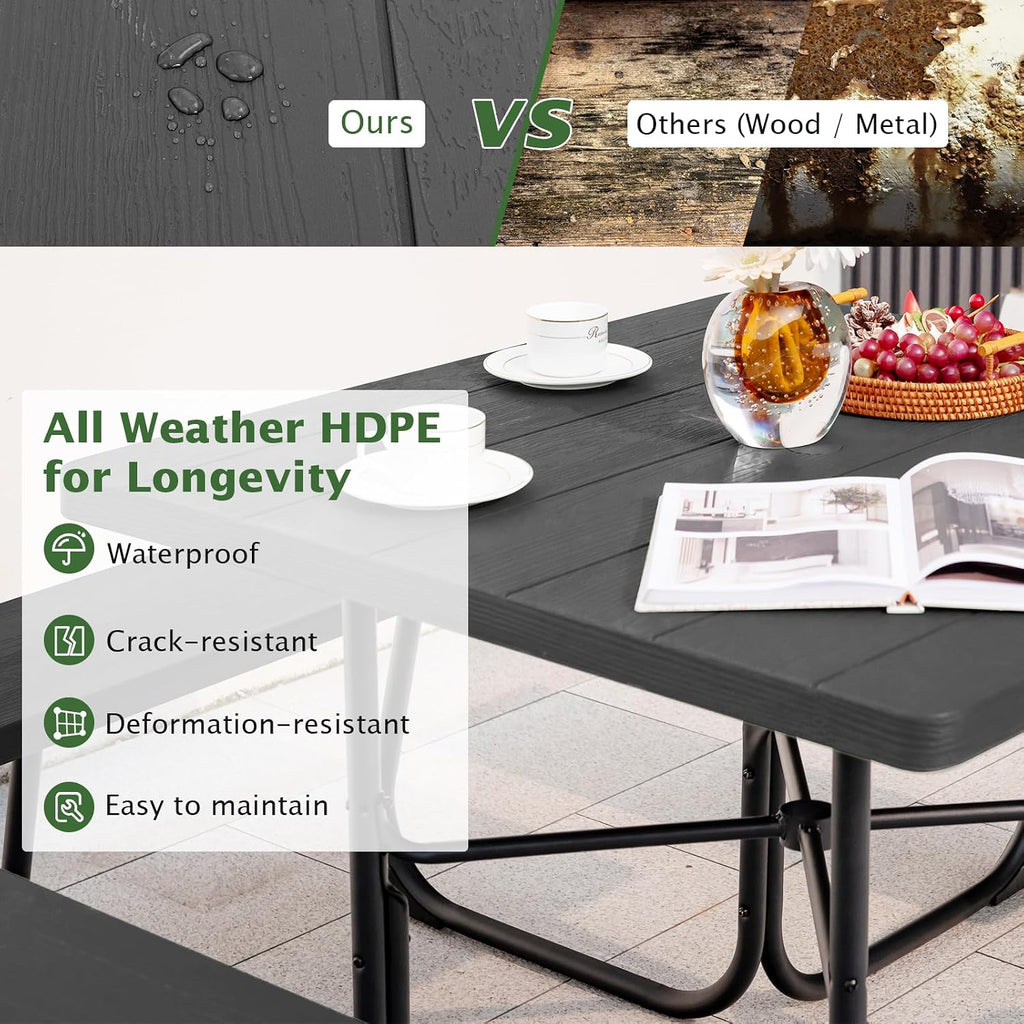 Giantex Picnic Table Bench Set for 8 Persons, Square Outdoor Table with Umbrella Hole, HDPE Top & Metal Frame, 2000LBS Capacity, Patio Table Bench Set for Deck Backyard Garden, Black