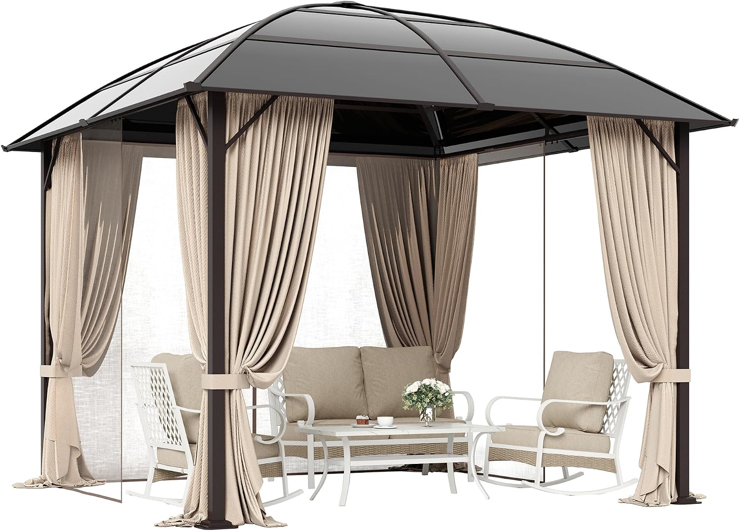 SUNSHINE VALLEY 10x10ft Hardtop Gazebo with Netting and Curtain, Outdoor Gazebo with Aluminum Frame and Polycarbonate Translucent Top, Patio Canopy for Deck, Backyard, Garden, Lawn