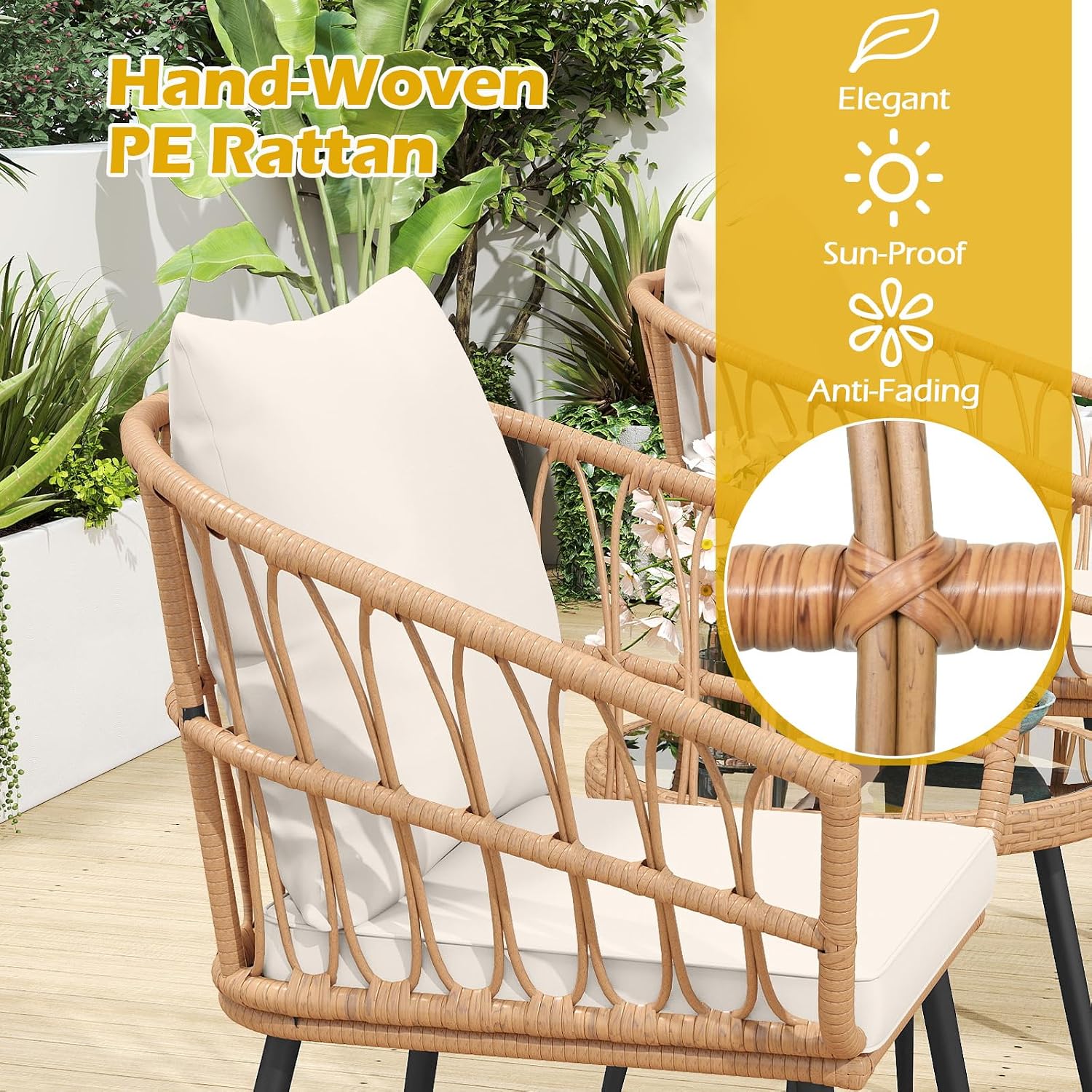 Tangkula 3 Piece Patio Bistro Set, PE Rattan Conversation Chairs with Round Glass Table & Soft Cushions, Outdoor Patio Furniture Set with Metal Frame for Balcony, Garden (Off White, 16.5 × 15.5 Inch)