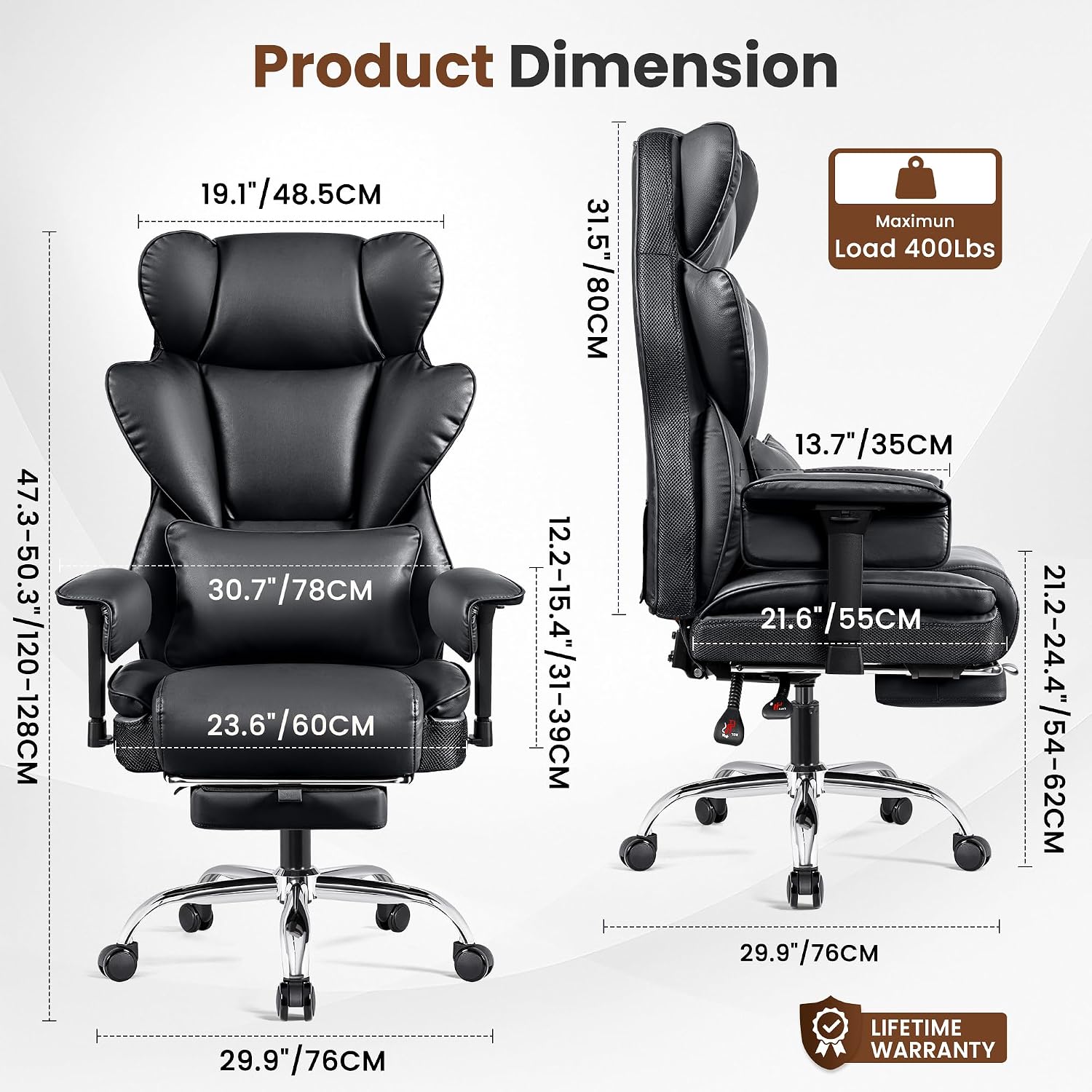 BESTFAIR Big and Tall Office Chair - Heavy Duty 400 LBS Executive Chair with Lumbar Support & Foot Rest, High Back Ergonomic Desk Chair, Padded Wide Seat Gaming Chair, Adjustable Armrests, Black