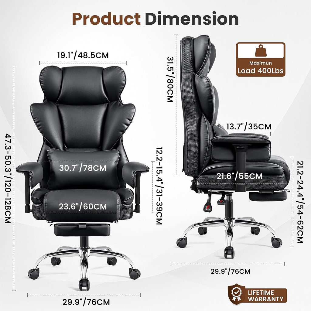 BESTFAIR Big and Tall Office Chair - Heavy Duty 400 LBS Executive Chair with Foot Rest, High Back Ergonomic Desk Chair, Padded Wide Seat Gaming Chair, Adjustable Armrests, Black 2 Pack