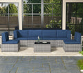 AECOJOY 7 Piece Outdoor Patio Furniture Set, Outdoor Sectional Conversation Furniture Chair with Coffee Table, Patio Sectional for Backyard, Garden(Navy Cushions and Grey PE Rattan)