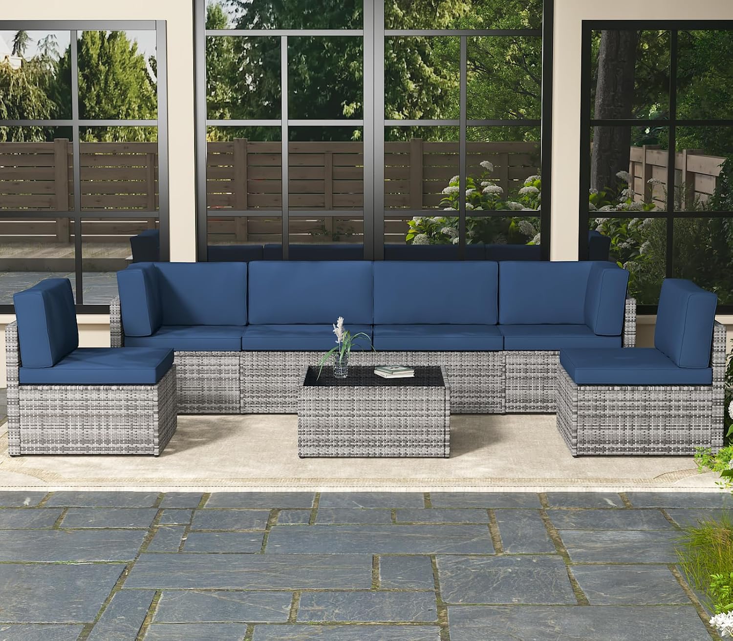 AECOJOY 7 Piece Outdoor Patio Furniture Set, Outdoor Sectional Conversation Furniture Chair with Coffee Table, Patio Sectional for Backyard, Garden(Navy Cushions and Grey PE Rattan)