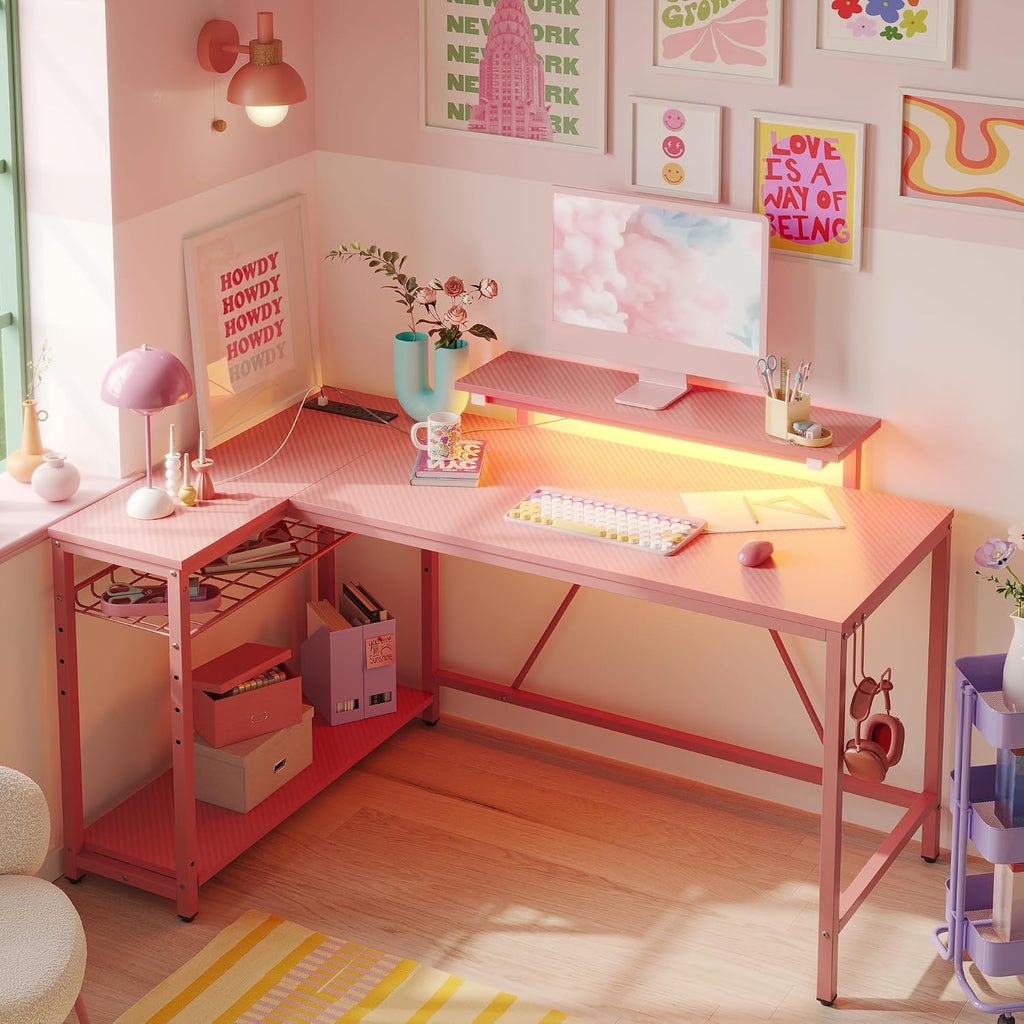 Bestier 52' Gaming Desk with Integrated Power Outlet & USB Ports, L-Shaped Computer Desk with LED Strip & Headphone Hooks, Perfect for Home Office Pink