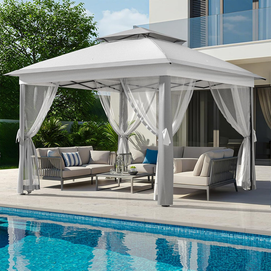 11x11 FT Outdoor Gazebo, Heavy Duty Pavilion With Sturdy Metal Frame & Double Roofs, Patio Shelter With Mosquito Netting, Ideal for Backyard, Garden, Lawn, Deck, Light Grey