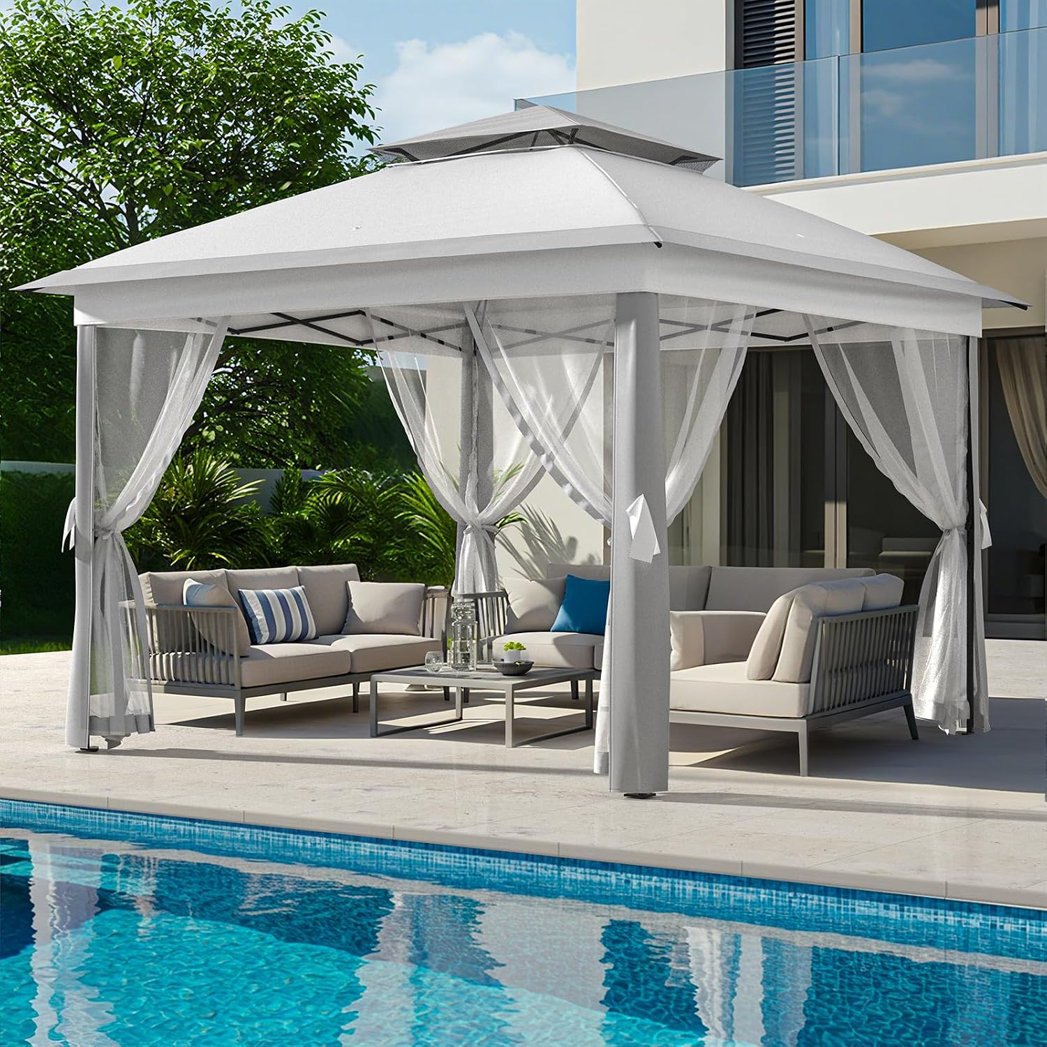 11x11 FT Outdoor Gazebo, Heavy Duty Pavilion With Sturdy Metal Frame & Double Roofs, Patio Shelter With Mosquito Netting, Ideal for Backyard, Garden, Lawn, Deck, Light Grey