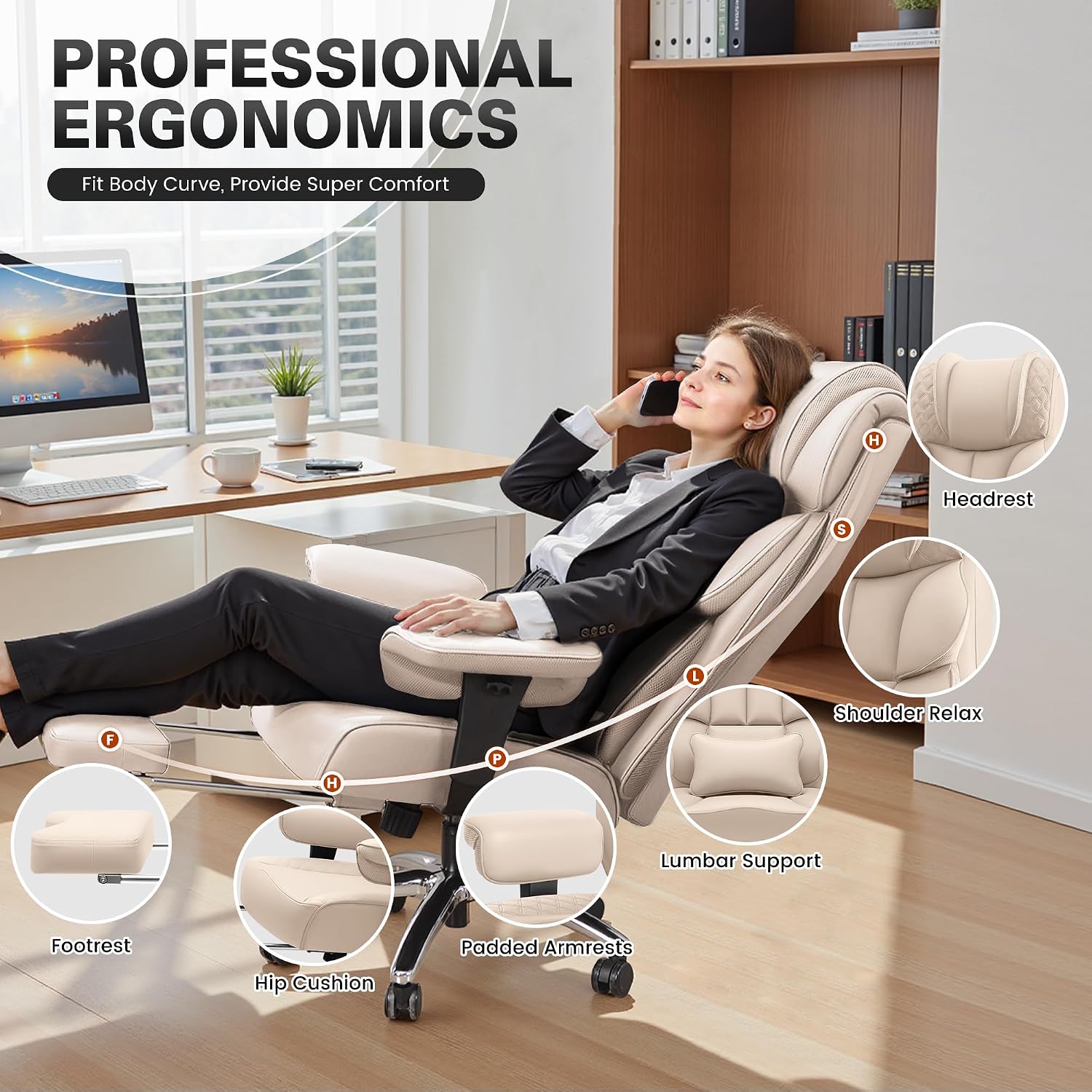 BestGlory Office Desk Chair, Big and Tall Leather Gaming Chair with Footrest, Wide Ergonomic Comfy Executive High-Back Reclining Computer Chairs, Swivel Rolling Wheels and Padded Lumbar Support, Beige