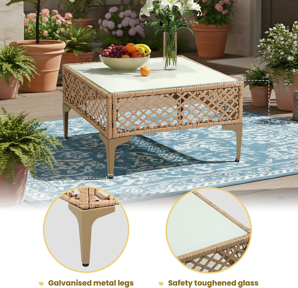 PORWEY 7 Piece Patio Furniture Set, Outdoor Wicker Sectional Conversation Set with Water Resistant Thick Cushions & Tempered Glass Coffee Table for Backyard, Porch, Yellow/Beige