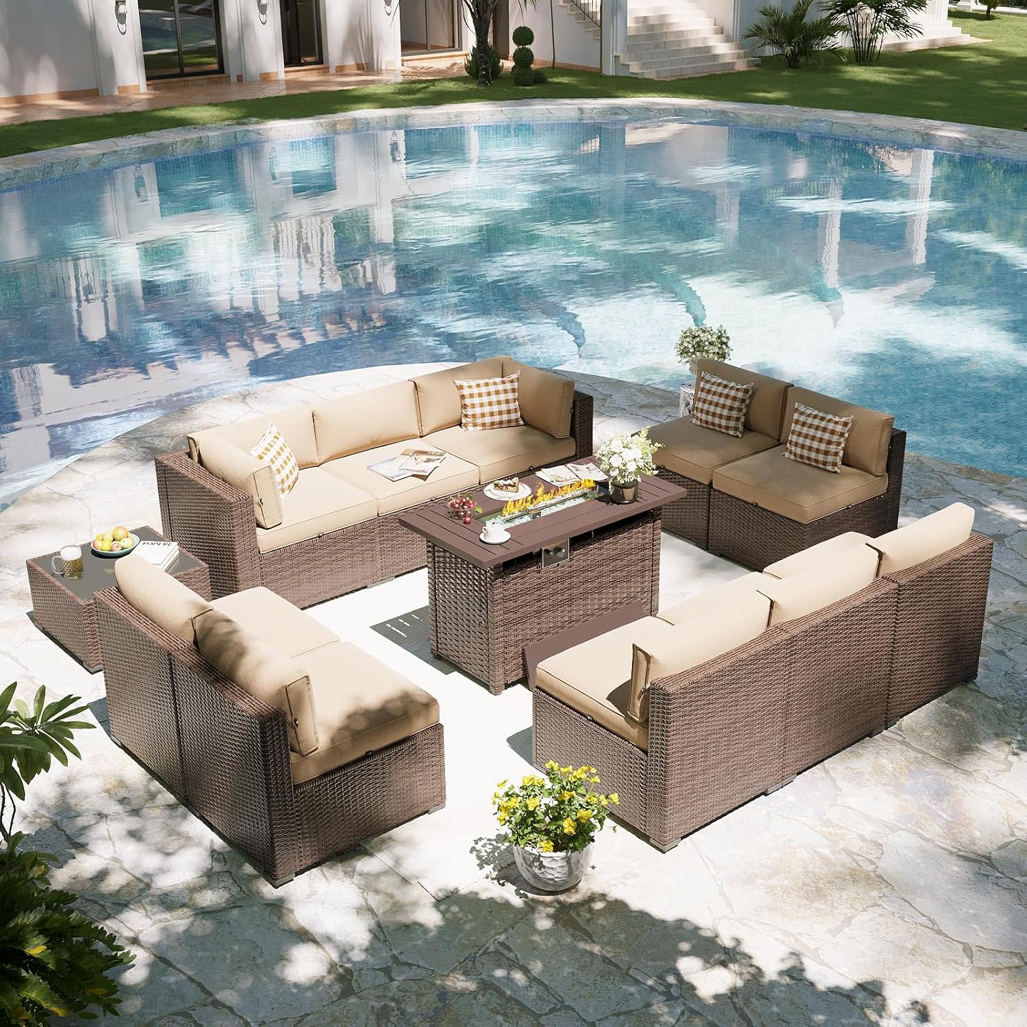 Aoxun Patio Furniture Set with Fire Pit Table, 12 Piece Outdoor Sectional Sofas, 10 Seats Wicker Outdoor Furniture with Thickened Cushion for Backyard, Garden (Brown Rattan Begin Cushions)