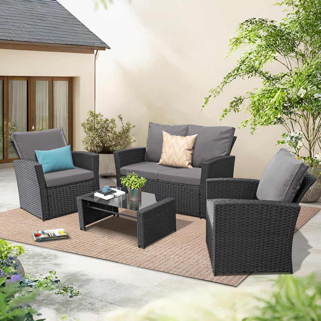 FHFO 4 Piece Patio Furniture Set, Wicker Outdoor Conversation Furniture Set, All Weather Patio Sofa Couch with Cushion & Glass Table, Black/Grey