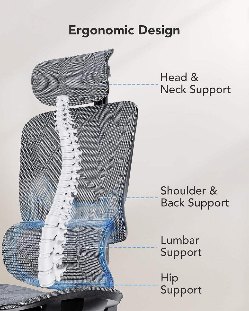 HUANUO Ergonomic Mesh Office Chair with 5-Level Lumbar Support, Computer Gaming Chair with Adjustable Headrest & Armrests, Rocking Tilt, Comfortable High Back Desk Chair for Home Office