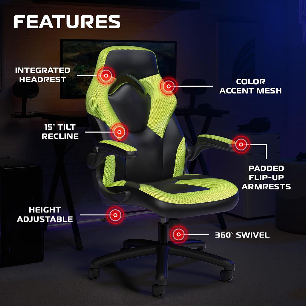 RESPAWN 3085 Ergonomic Gaming Chair for Adults, High Back Office Chair with Headrest and Flip Up Arms, Leather Racing Style Gaming Seat with Lumbar Support, Video Game Computer Desk Seat - Green