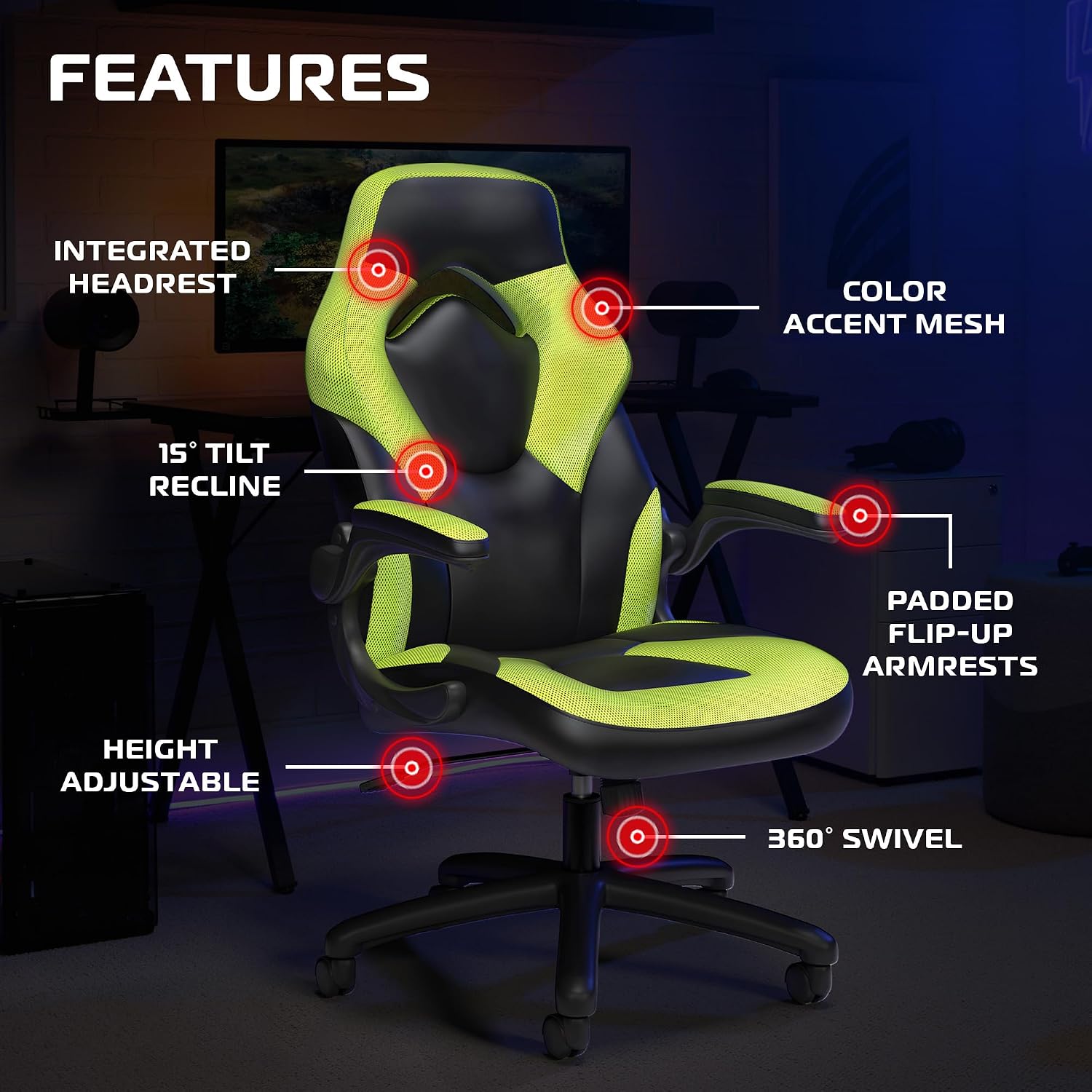 RESPAWN 3085 Ergonomic Gaming Chair for Adults, High Back Office Chair with Headrest and Flip Up Arms, Leather Racing Style Gaming Seat with Lumbar Support, Video Game Computer Desk Seat - Green