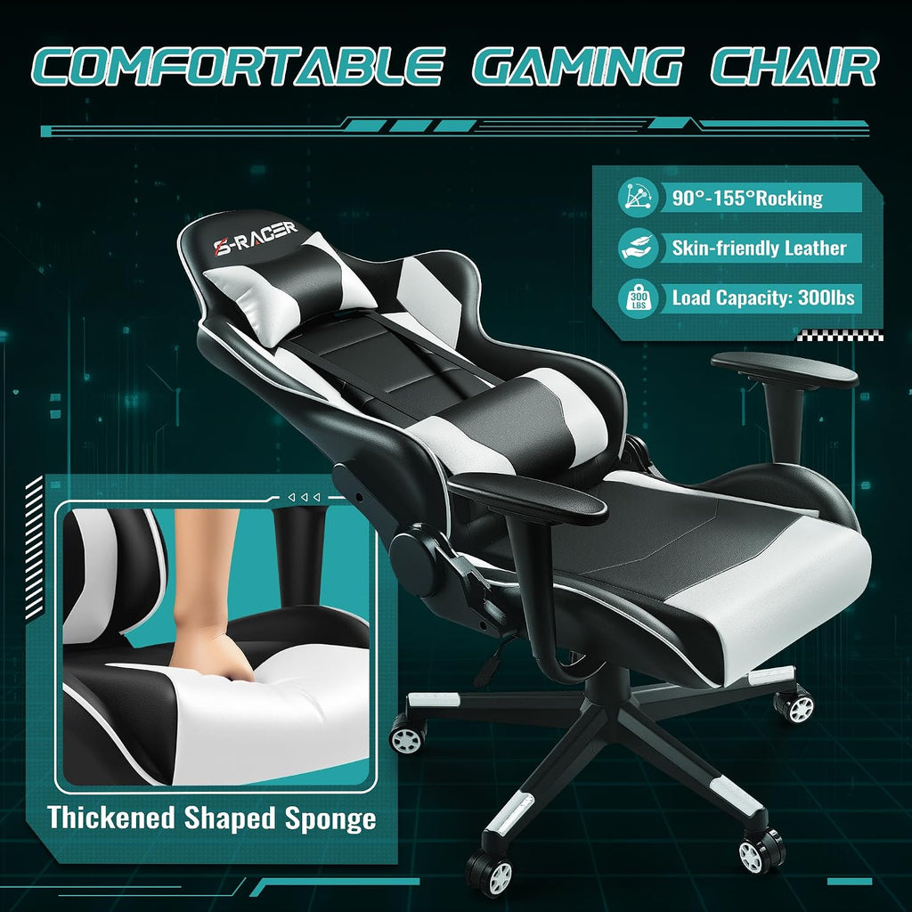 Furniwell Gaming Chair PU Leather Office Chair High Back Computer Desk Chair Adjustable Swivel Racing Executive Leather Ergonomic Task with Headrest and Lumbar Support (White)