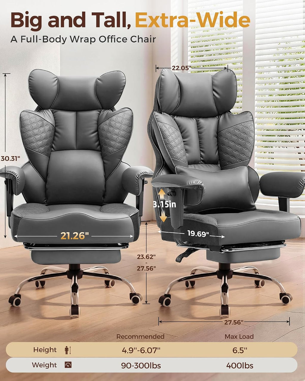 COMHOMA Big and Tall Office Chair Heavy Duty Gaming Chair with Deluxe Embossing Leather High Back Wider Ergonomic Computer Chair with Foot Rest 150°Reclining Pocket Spring Lumbar Support