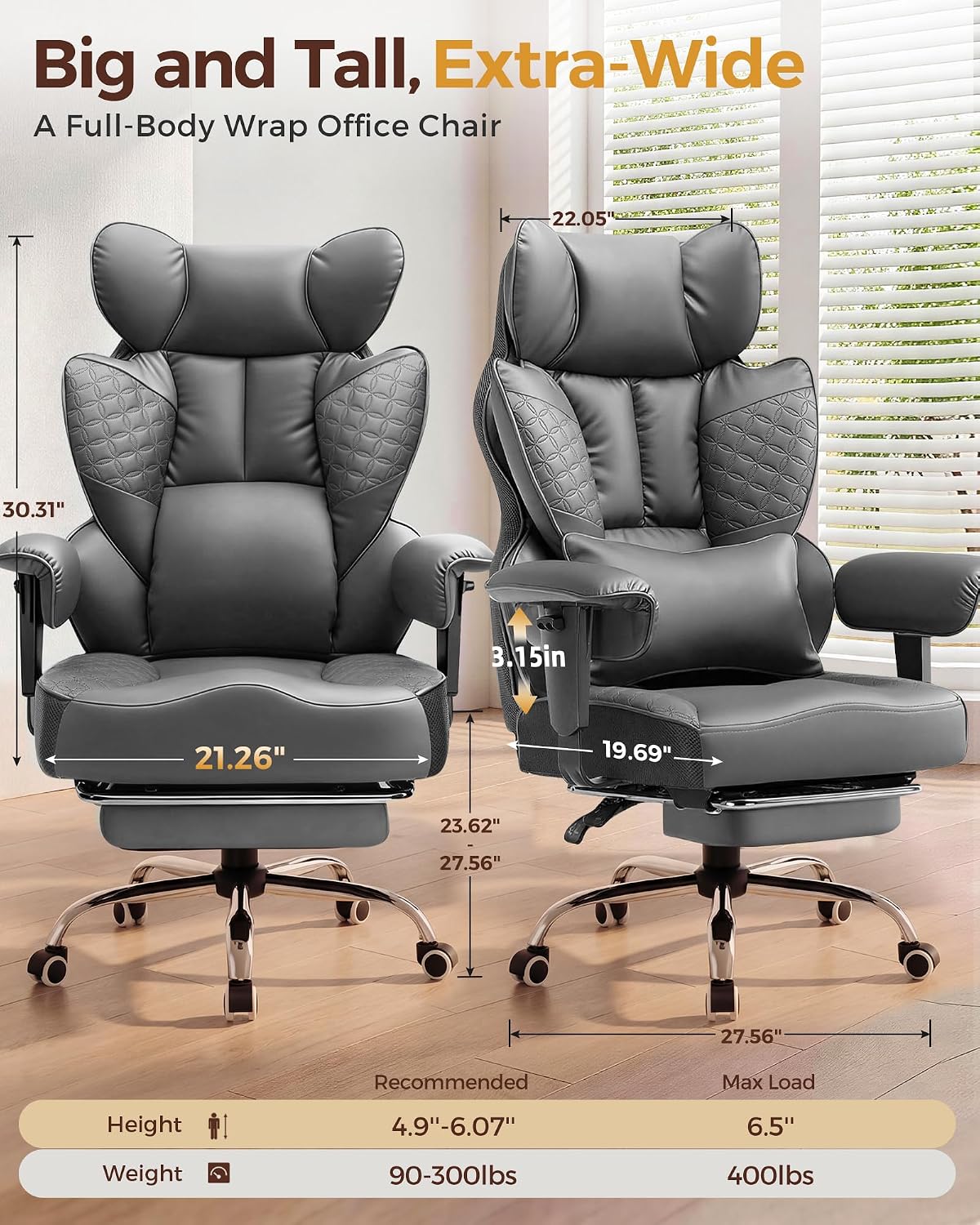 COMHOMA Big and Tall Office Chair Heavy Duty Gaming Chair with Deluxe Embossing Leather High Back Wider Ergonomic Computer Chair with Foot Rest 150°Reclining Pocket Spring Lumbar Support