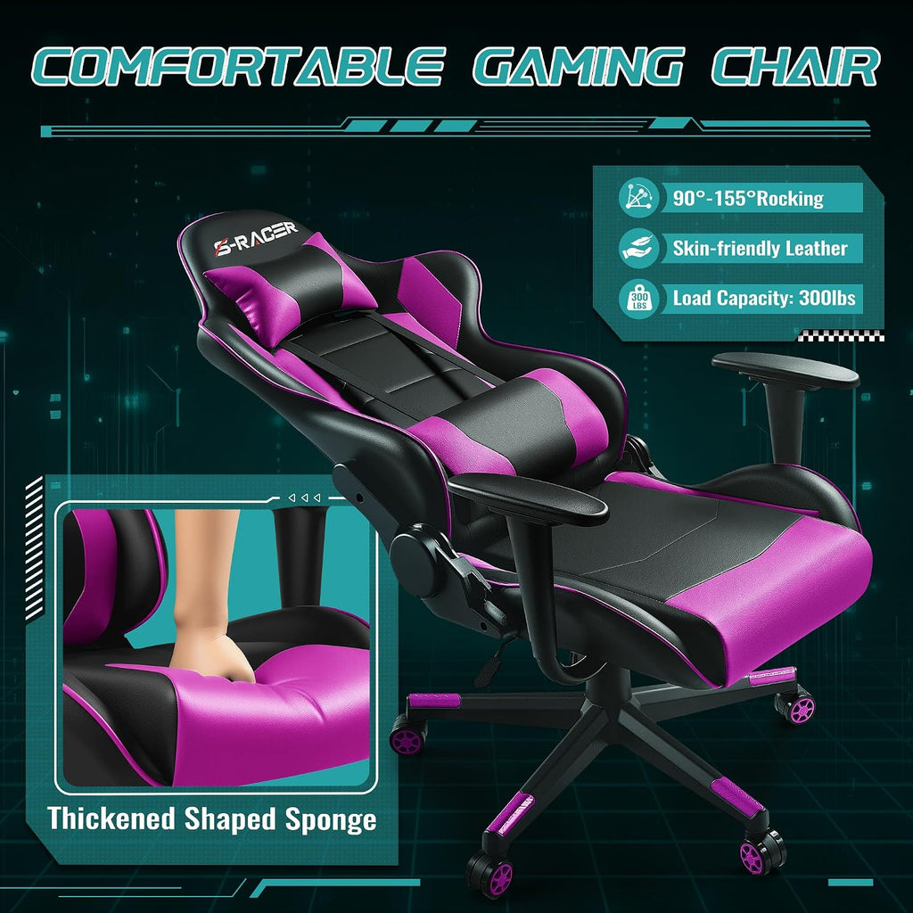 Furniwell Gaming Chair Racing Computer Chair PC Office Desk Chair Adjustable Swivel High Back Carbon Fiber Style PU Leather Executive Ergonomic Chair with Headrest and Lumbar Support (Violet)