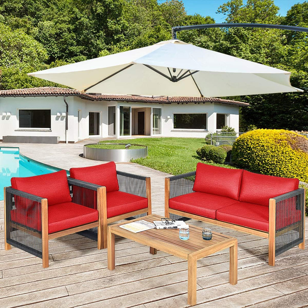 Tangkula Outdoor Wood Furniture Set, Acacia Wood Frame Loveseat Sofa, 2 Single Chairs and Coffee Table, 4 Pieces Conversation Set with Cushions, Garden Balcony Poolside Outdoor Living Set (1, Red)