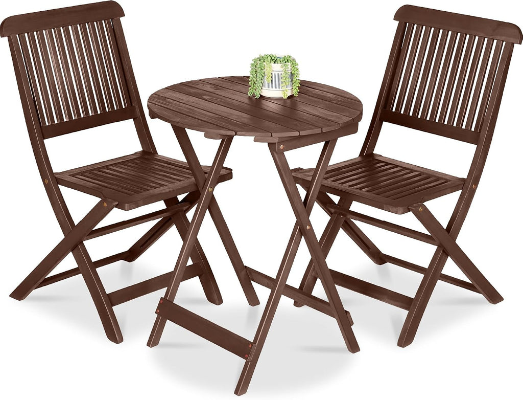 Best Choice Products 3-Piece Acacia Wood Bistro Set, Folding Patio Furniture for Backyard, Balcony, Deck w/ 2 Chairs, Round Coffee Table, Teak Finish - Brown