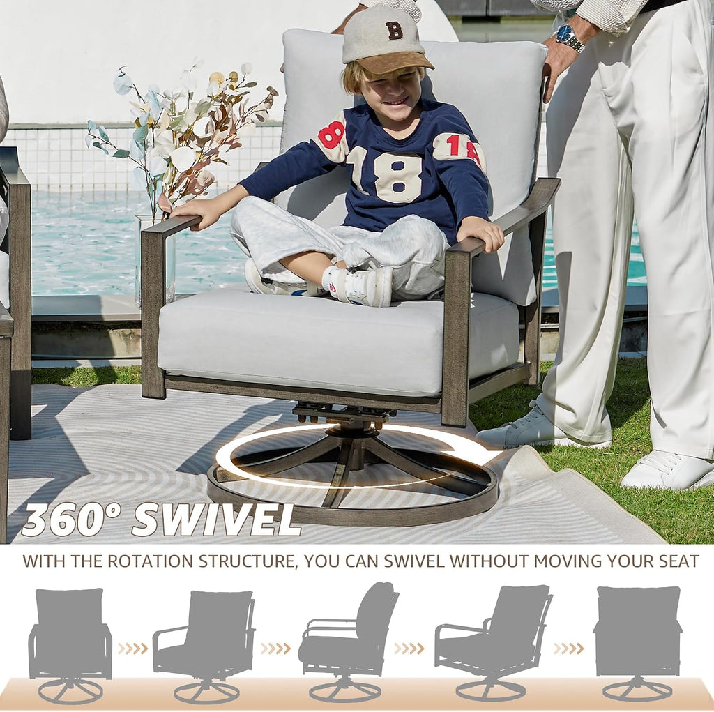 NATURAL EXPRESSIONS Patio Furniture Set,4 Piece Outdoor Conversation Metal Swivel Rocking Chairs Set with Hand-Woven Rope High Back,Sturdy Hand Brushed Wood Grain Finish Frame,6' Cushions for Yard