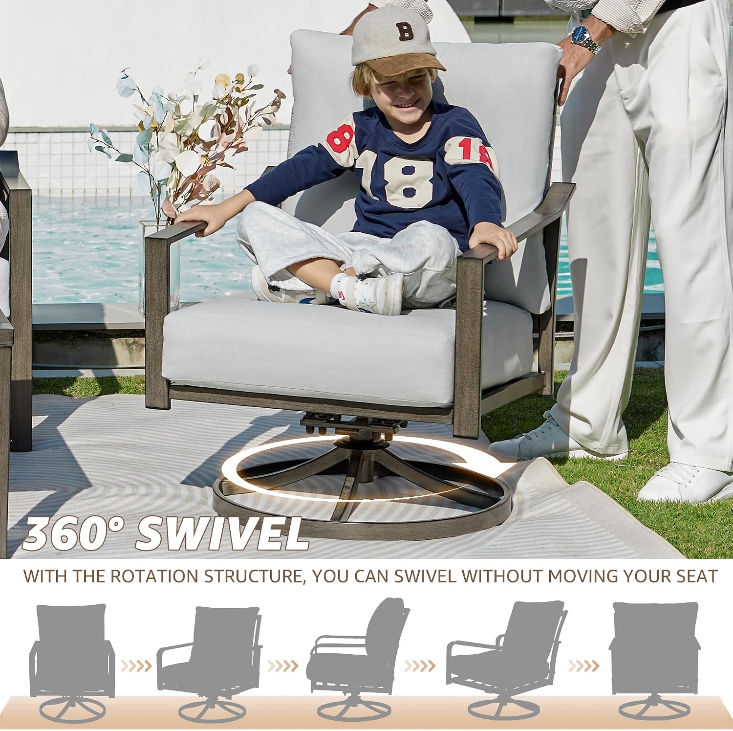 NATURAL EXPRESSIONS Patio Furniture Set,4 Piece Outdoor Conversation Metal Swivel Rocking Chairs Set with Hand-Woven Rope High Back,Sturdy Hand Brushed Wood Grain Finish Frame,6' Cushions for Yard