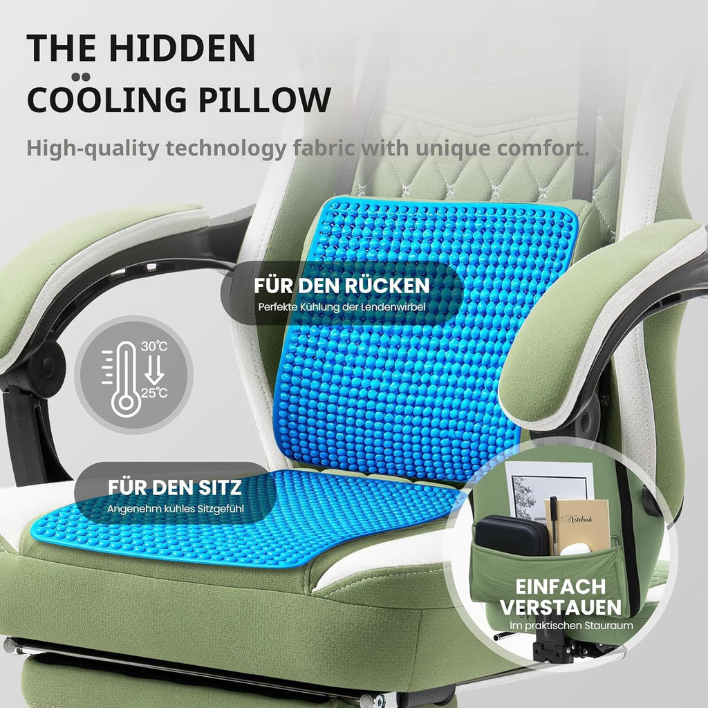 Dowinx Gaming Chair Breathable Fabric Game Chair with Gel Pad and Storage Bag, Comfortable Gamer Chair with Pocket Spring Cushion,Ergonomic Computer Chair with Footrest,Green
