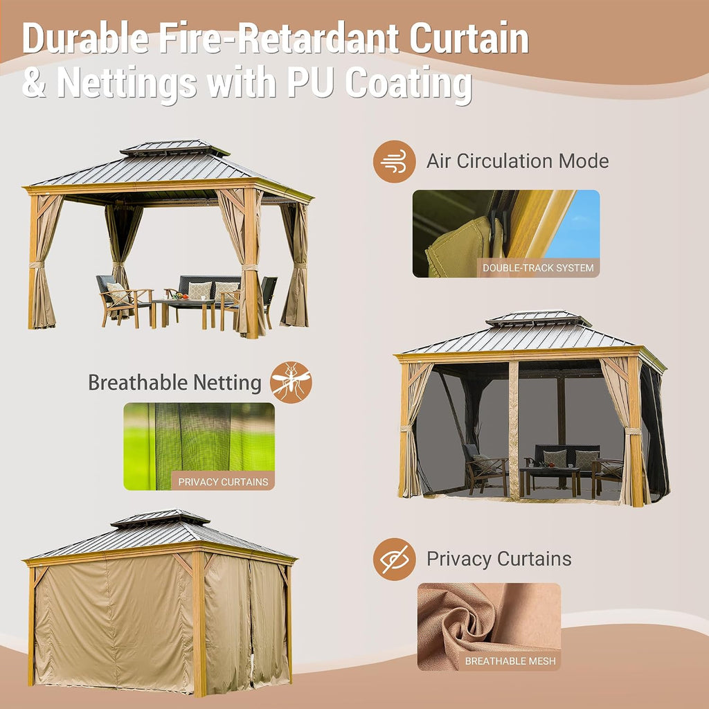 10' x 12' Hardtop Gazebo Outdoor Aluminum Wood Grain Gazebos with Galvanized Steel Double Canopy for Patios Deck Backyard,Curtains&Netting by domi outdoor living