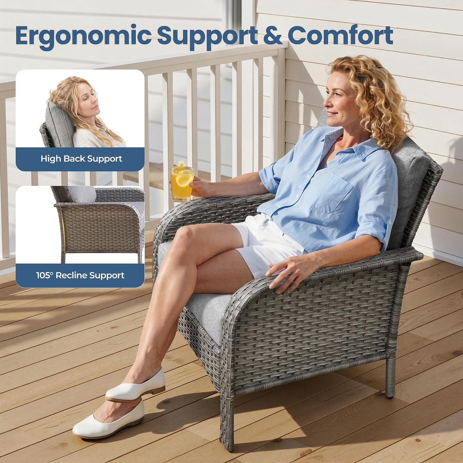 Wicker Patio Furniture Set High Back Loveseat Sofa Couch Armchair Coffee Table, All Weather Rattan 4 Pieces Outdoor Conversation Sets for Patio Porch Deck Backyard Poolside, Dark Gray