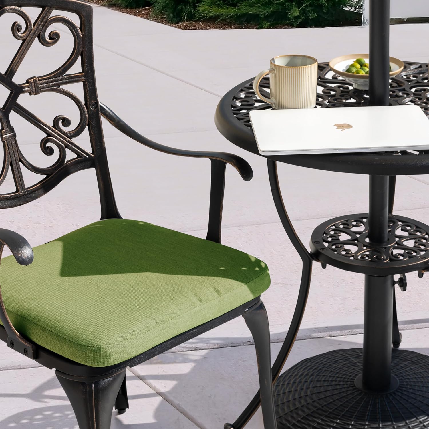 NUU GARDEN 3-Piece Outdoor Bistro Set with Cushions, Round 24 Inch Cast Aluminum Round Table with 1.77' Umbrella Hole and 2 Cast Aluminum Armchairs with Cushions, Black with Gold-Painted Edge