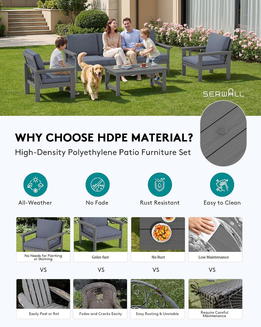 SERWALL HDPE Patio Conversation Set, 6-piece Sectional Outdoor Furniture Set, All Weather Outdoor Couch Set Patio Furniture Set for Deck, Lawn, Grey Frame with Grey Cushion