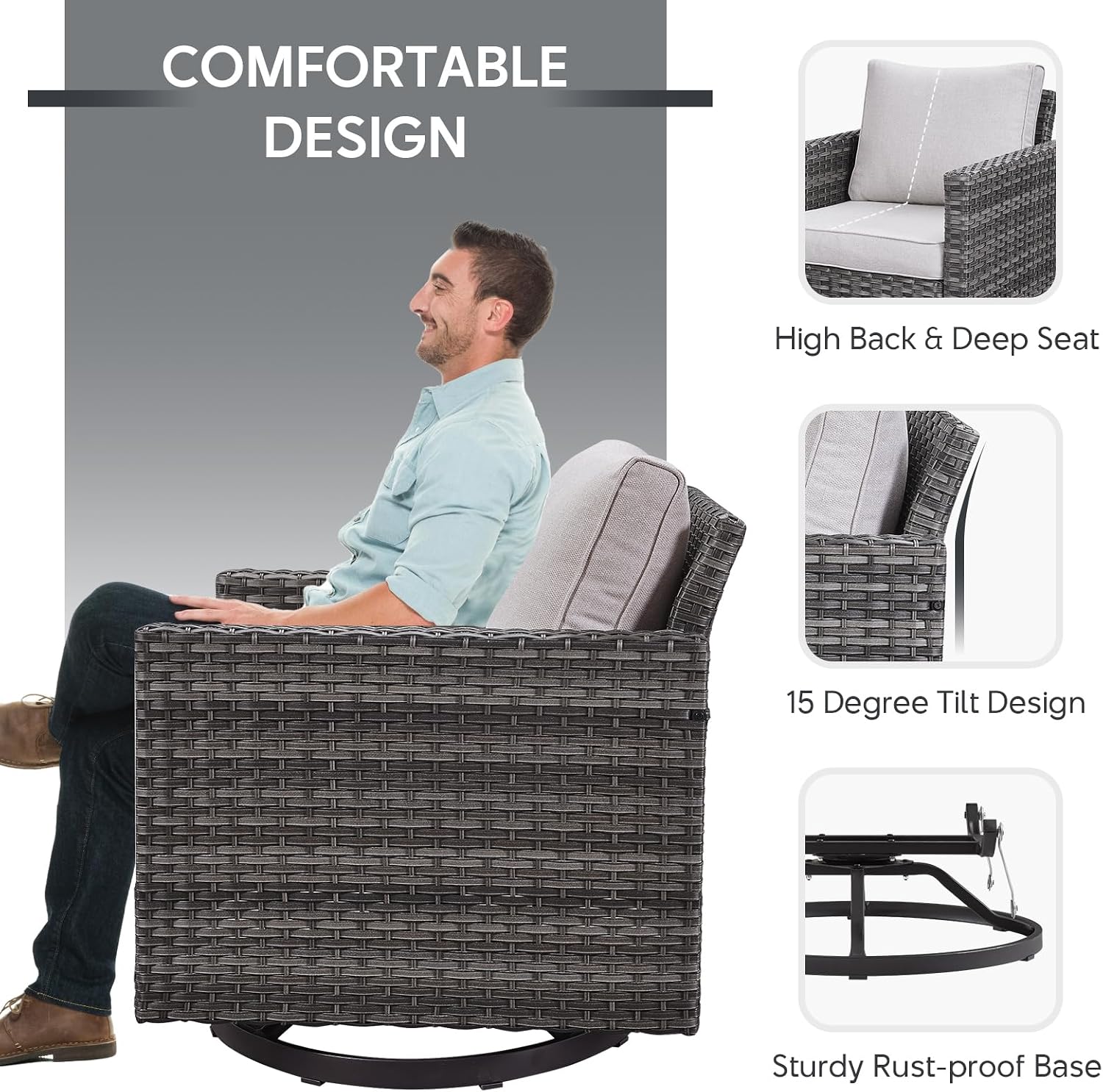 5 Piece Wicker Patio Furniture Set - Outdoor Swivel Rocker Chairs Set with 3 Seat Sofa and Ottomans, Small Patio Conversation Sets Proch Furniture for Balcony Deck - Grey/Beige