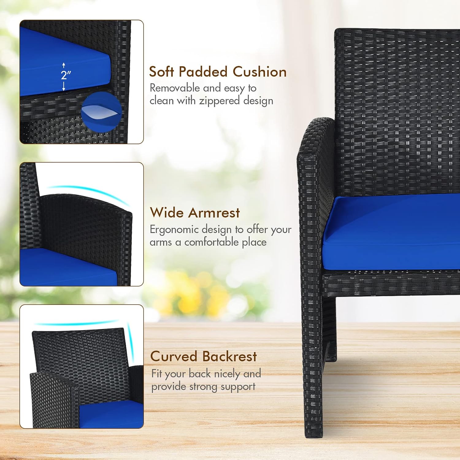 Goplus Rattan Patio Furniture Set 4 Pieces, Outdoor Wicker Conversation Sofa and Table Set with Soft Cushions & Tempered Glass Coffee Table for Balcony Garden Backyard (Blue)