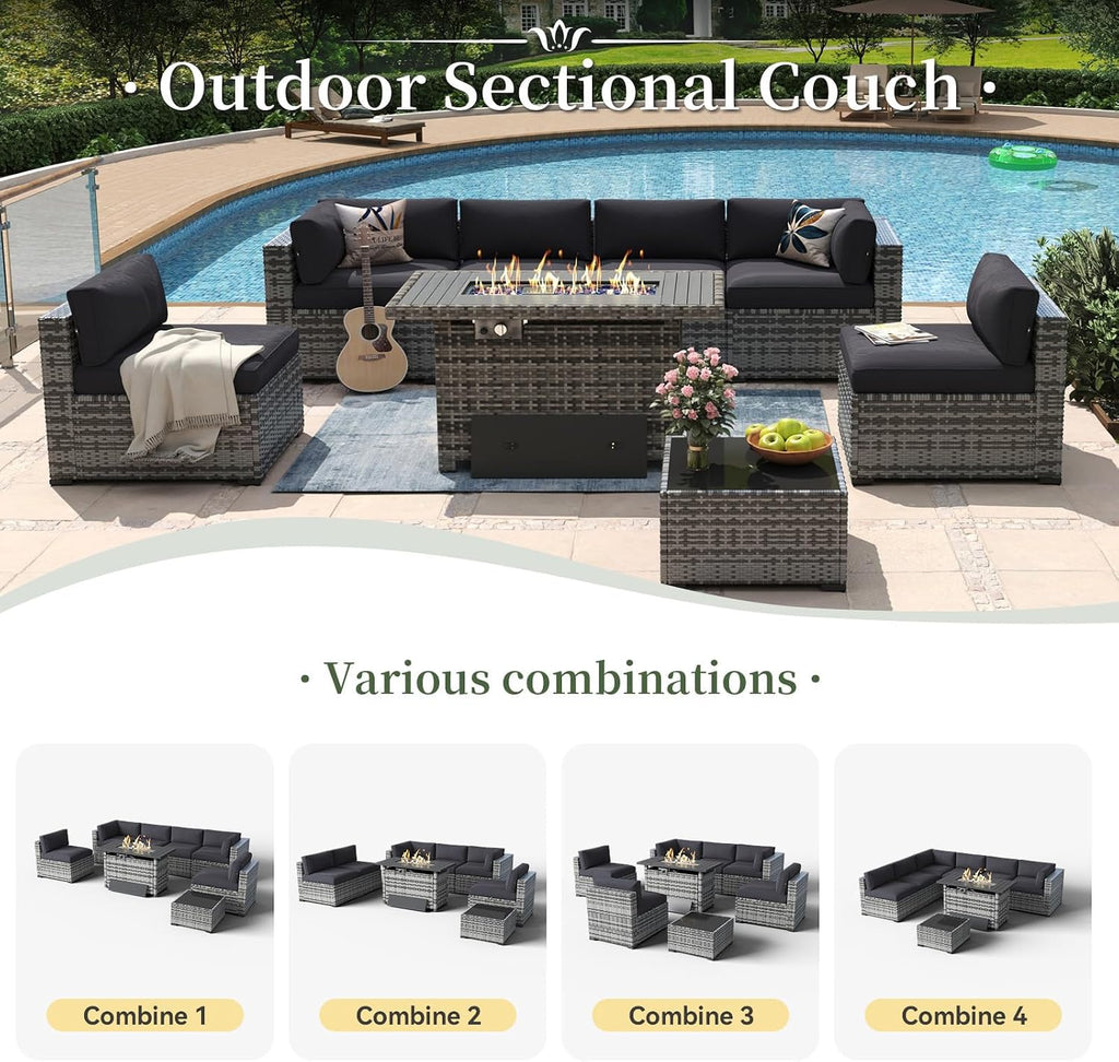 Aoxun 8 Piece Patio Furniture Set with 44'' Fire Pit Table Wicker Rattan Patio Conversation Set Outdoor Sectional Sofa Set with Coffee Table, Grey/Black (Waterproof Cover Included)