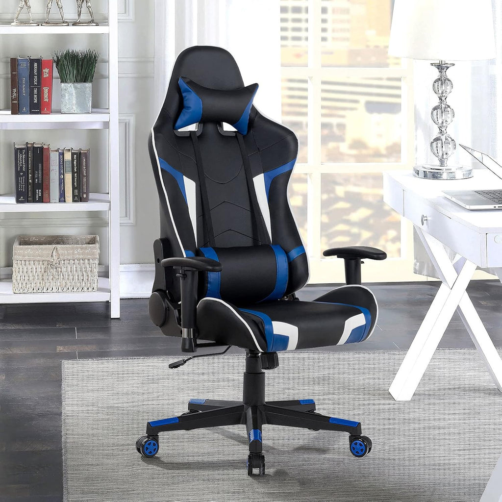 GYMAX Gaming Chair, Massage Gaming Chairs for Adults with Headrest, Lumbar Support & Armrest, Video Computer Reclining Gaming Chair, Office Desk Gamer Task Chair (Blue)