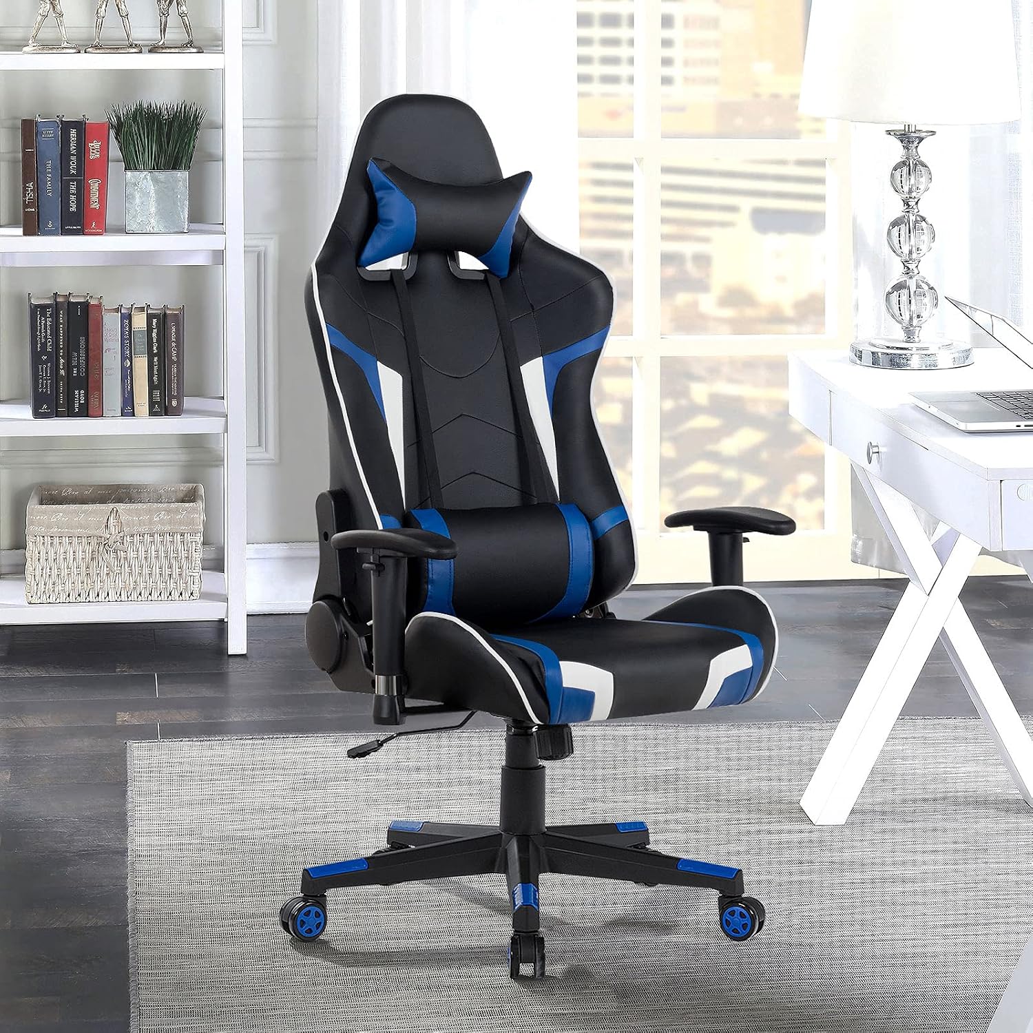 GYMAX Gaming Chair, Massage Gaming Chairs for Adults with Headrest, Lumbar Support & Armrest, Video Computer Reclining Gaming Chair, Office Desk Gamer Task Chair (Blue with Black X-Shape Desk)