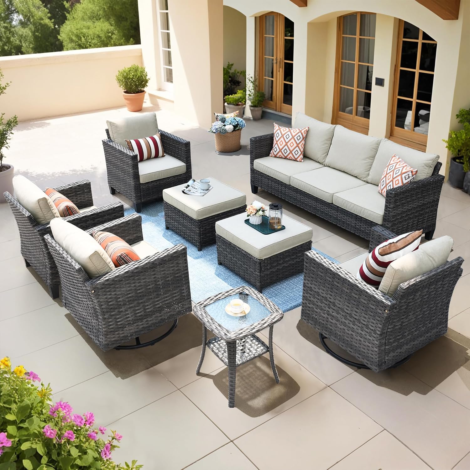 ovios 8 Pieces Patio Furniture Set, Outdoor Wicker Sofa Couch with Swivel Chairs, Rocking Glider Rocker with Comfy Cushions All Weather Rattan Conversation Set, Beige