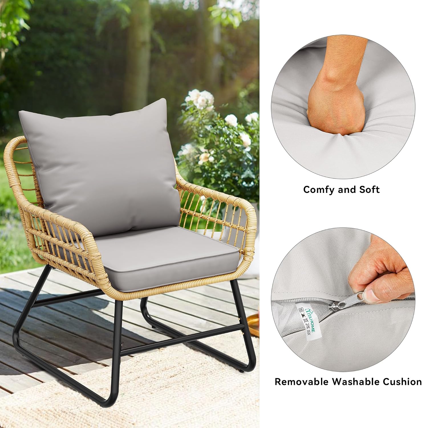 YITAHOME 4-Piece Patio Furniture Set, Wicker Outdoor Bistro Set, All Weather Rattan Patio Conversation Set with Soft Cushions and Glass Side Table for Backyard, Balcony, Deck - Light Grey