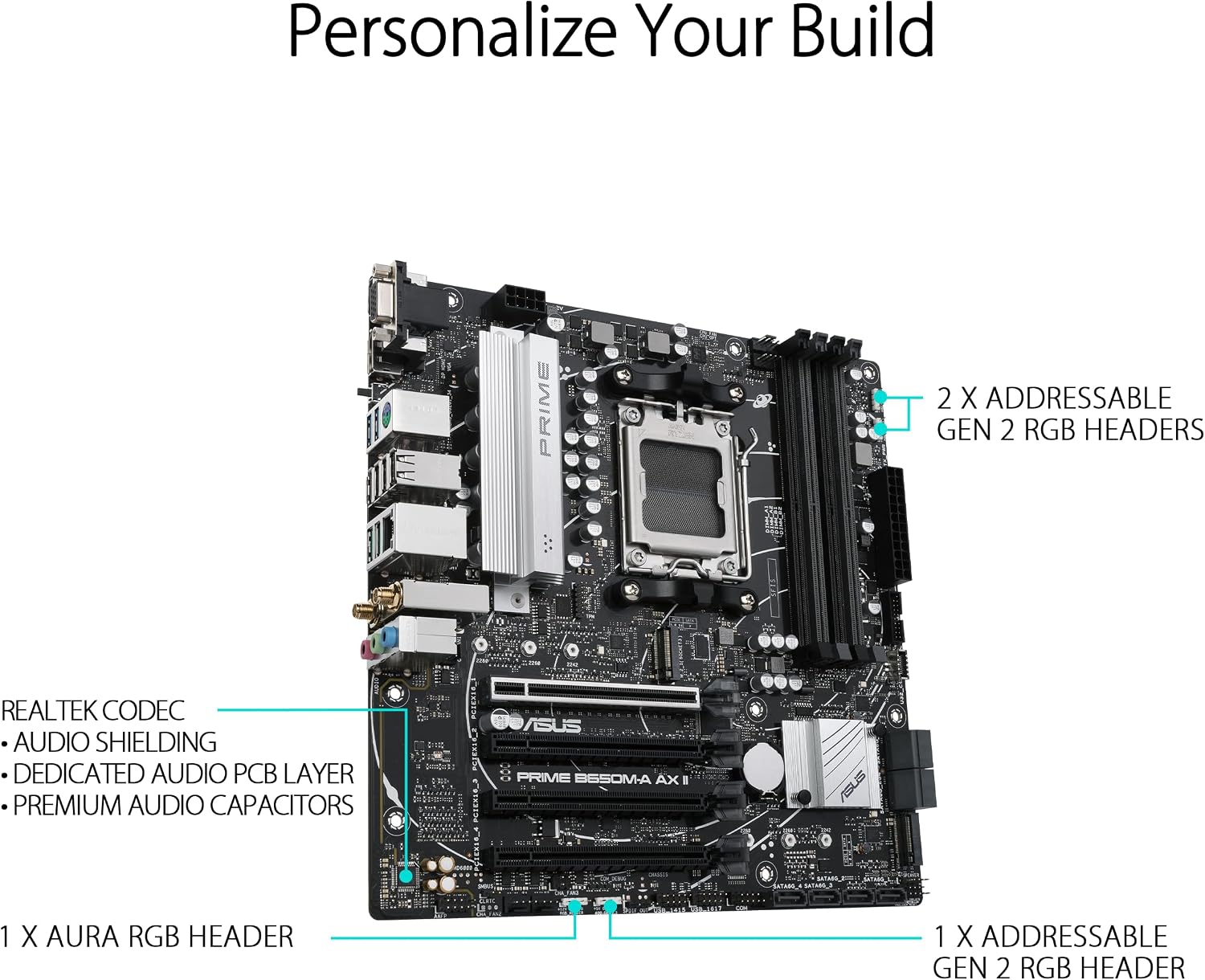 ASUS Prime B650M-A AX II AMD B650 AM5 Ryzen™ Desktop 9000 8000 & 7000 Micro-ATX mATX Motherboard, DDR5, PCIe 5.0 M.2, 2.5Gb LAN, Wi-Fi 6, DisplayPort, HDMI®, USB 3.2, USB 3.2 Type-C®, BIOS Flashback™