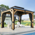 10x12 ft Cedar Wood Gazebo with Translucent roof, Hardtop Gazebo with Galvanized Steel Double Roof and Mosquito Netting, Heavy Duty Pavilion for Patio Lawn and Garden