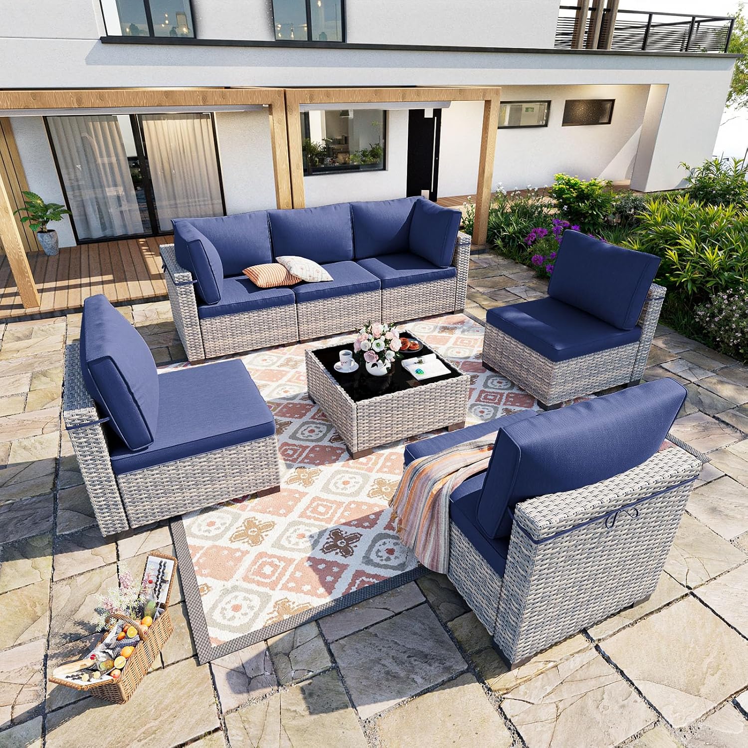 7-Piece Patio Furniture Set, Outdoor Sectional with Thick Cushions, Modular Patio Sofa, Dual-Strand Wicker Rattan, Rust-Resistant Frame, Backyard Furniture for Garden, Deck, Navy Blue
