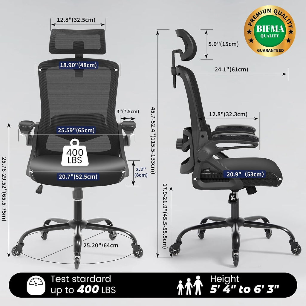 Fizzin Office Chair, Ergonomic Office Chair with Adjustable Headrest Lumbar Support Computer Chair, Desk Chair Comfy with Flip-up Armrests, Gaming Chairs for Adults Home Office (Leather, Black)
