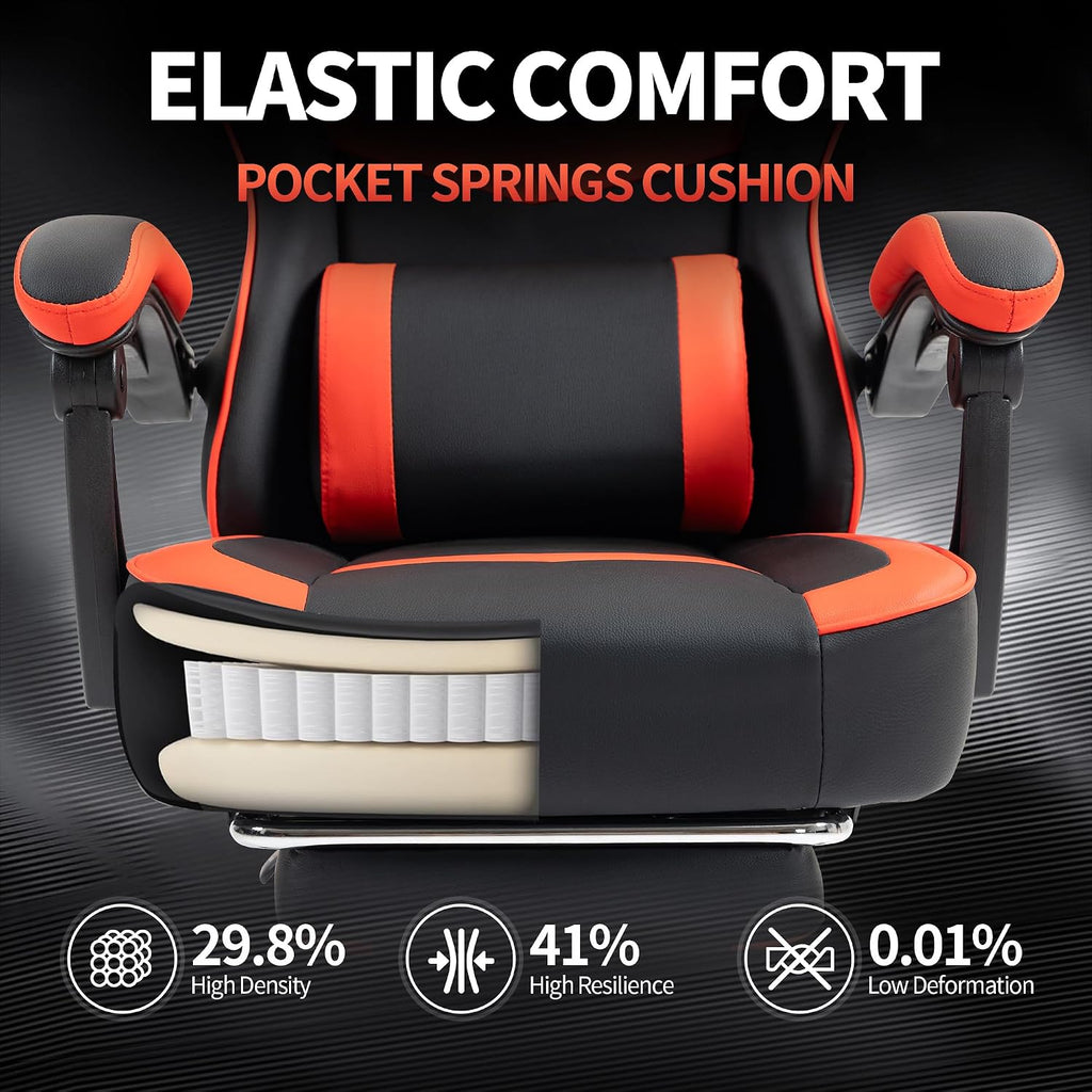 Gaming Chair with Footrest for Adults - Ergonomic Gaming Chairs with Foot Rest - Big and Tall Computer Game Chair - PU Leather Reclining Video Game Chairs with Spring Cushion - Black/Red