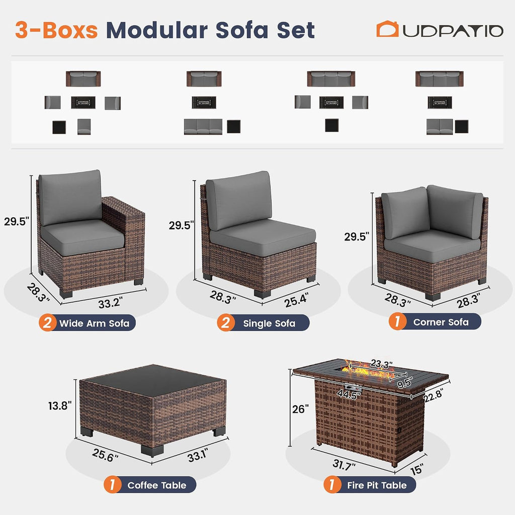 UDPATIO Patio Furniture Set with Fire Pit Table, 8 Inch Armrest 7 Piece Outdoor Sectional Sofas, All-Weather Wicker Conversation for Garden, Backyard, Brown/Dark Grey